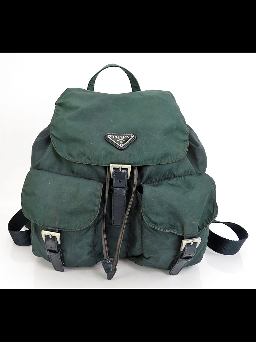 Prada Dark Green Nylon Drawstring Backpack with Front Pockets